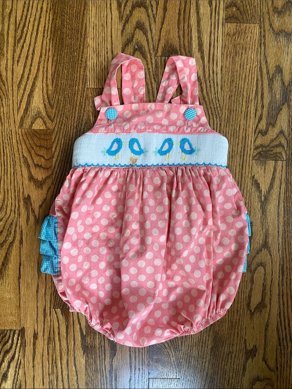 Classic Whimsy pink polka dot, bird smock, ruffle bubble, size 2T.